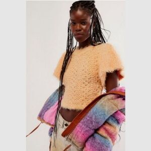 FREE PEOPLE Sweet Deets Pullover Eyelash Sweater Soft Puff Sleeves Coral Peach S